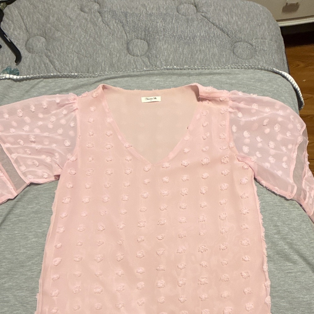Blooming Jelly Women's S Pink Chiffon Polka Dot V-Neck Sheer Bell Sleeve Blouse